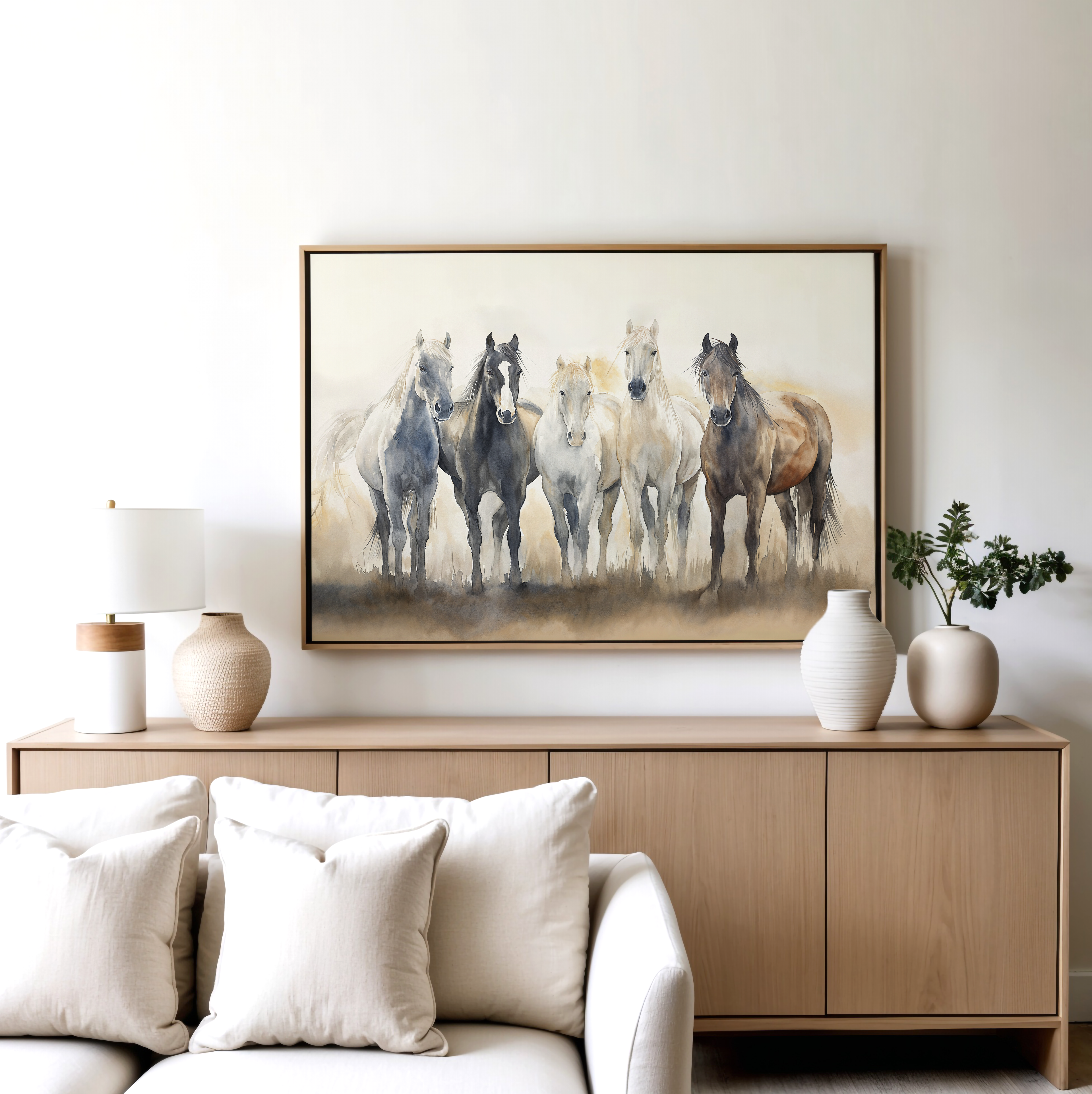 A modern living room with a light wood sideboard, white vases, a lamp, and the striking Sunset Ride Canvas Art above it. In front sits a white sofa with beige pillows, completing this elegant decor.