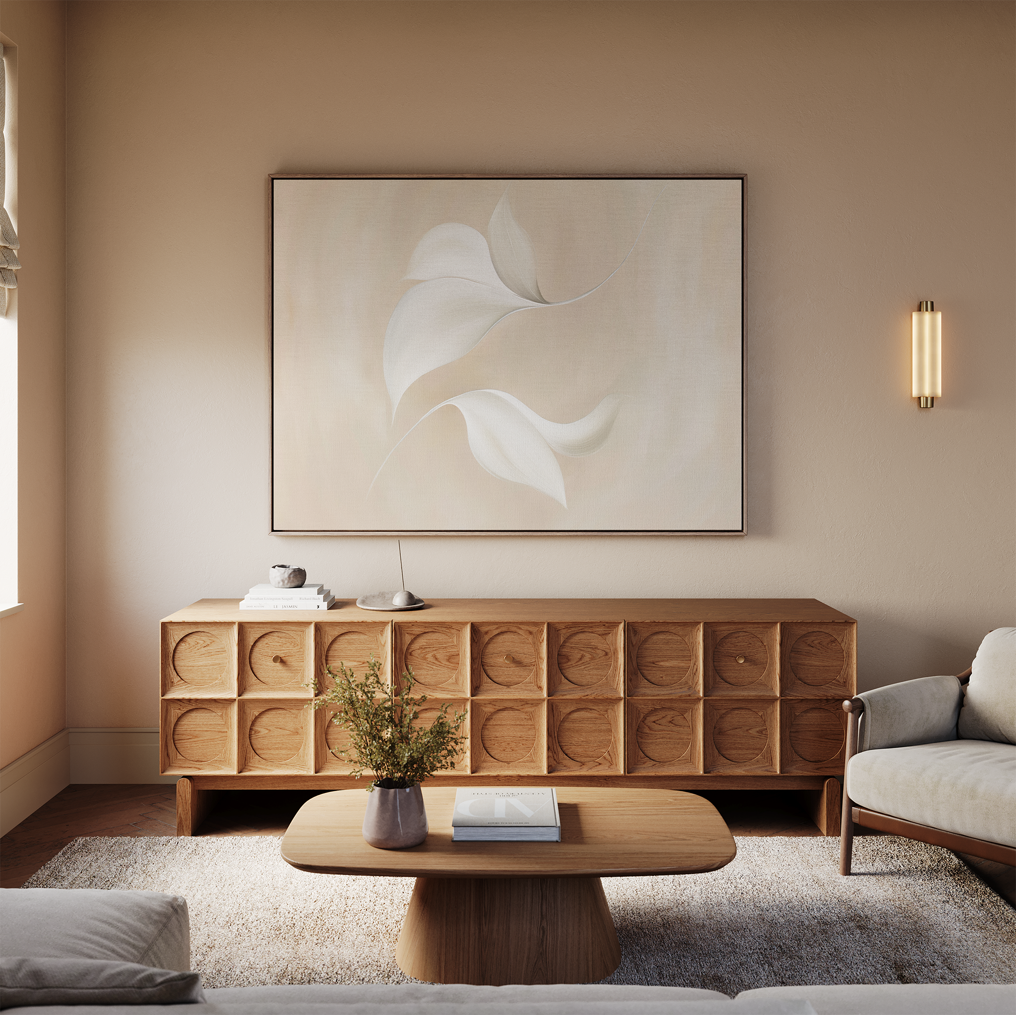 A cozy living room with neutral tones features a geometric wooden sideboard, coffee table, light sofa, soft rug, and the Garden Spectrum Abstract Canvas Art above the sideboard—perfect for chic living room decor.