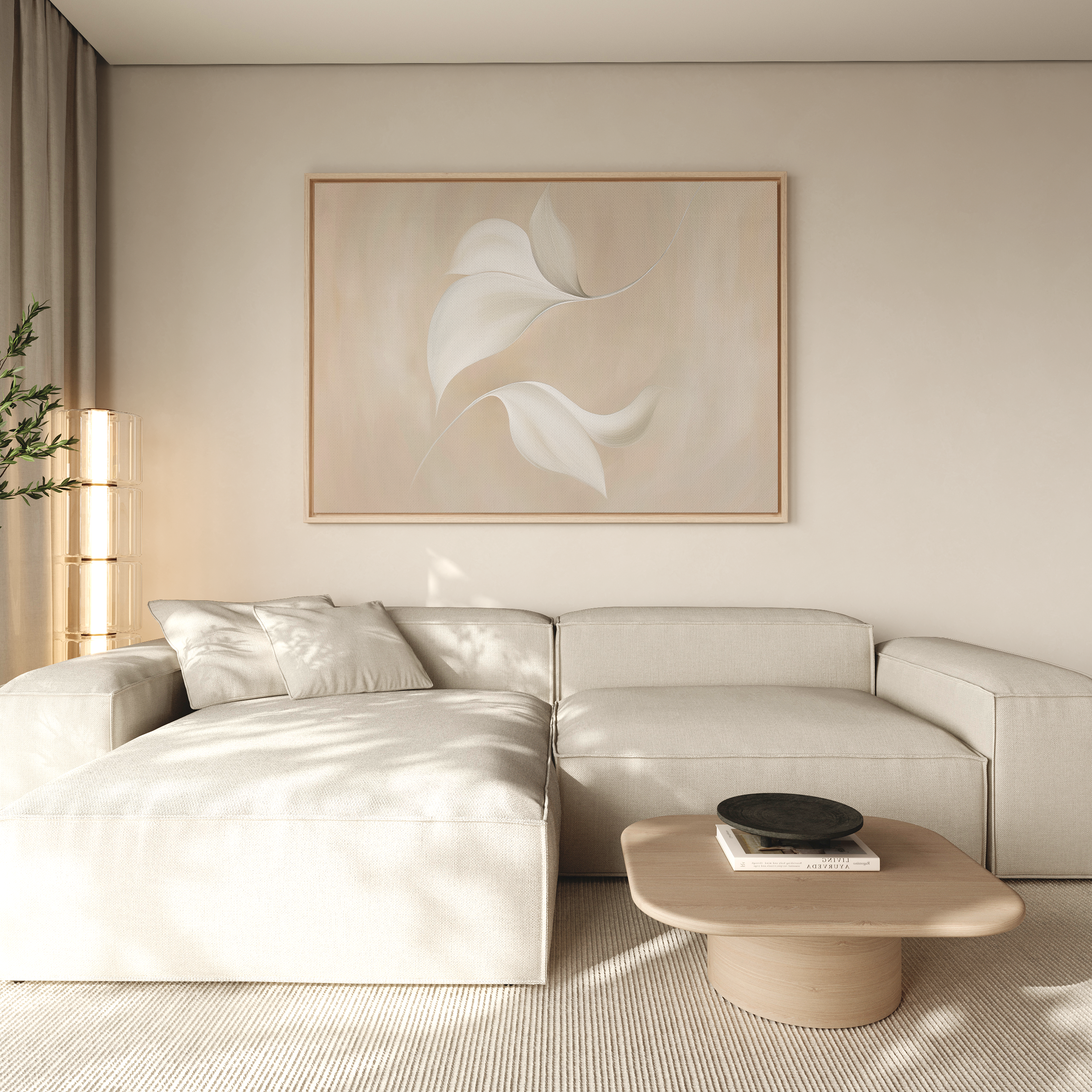 A modern living room with a light beige sectional, wooden coffee table, neutral walls, and soft natural light highlights minimalist style, complemented by the Garden Spectrum Abstract Canvas Art—a perfect touch for elegant decor.
