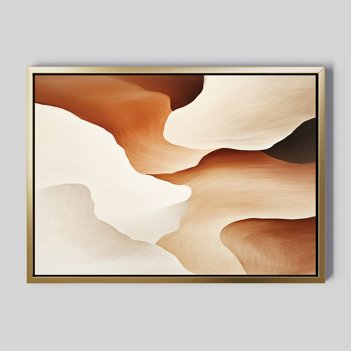 The Canyon Curves Canvas Art - Horizontal features flowing, layered shapes in warm earthy tones of brown, beige, and cream. Framed with a thin gold border, this contemporary wall art is set against a light gray background.