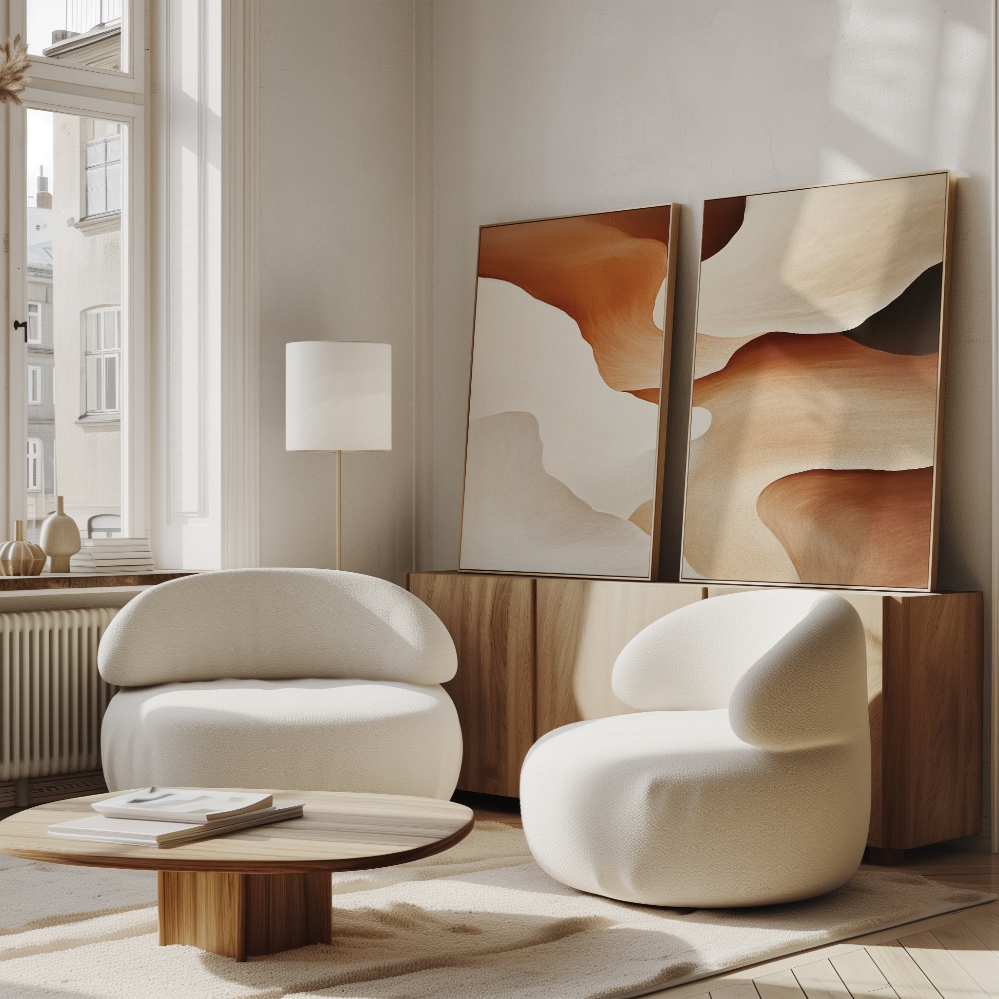 A modern living room featuring the Canyon Curves - Set Of 2 rounded white chairs, a low wooden table, contemporary beige and brown wall art above, and a tall floor lamp beside large windows streaming in natural light.