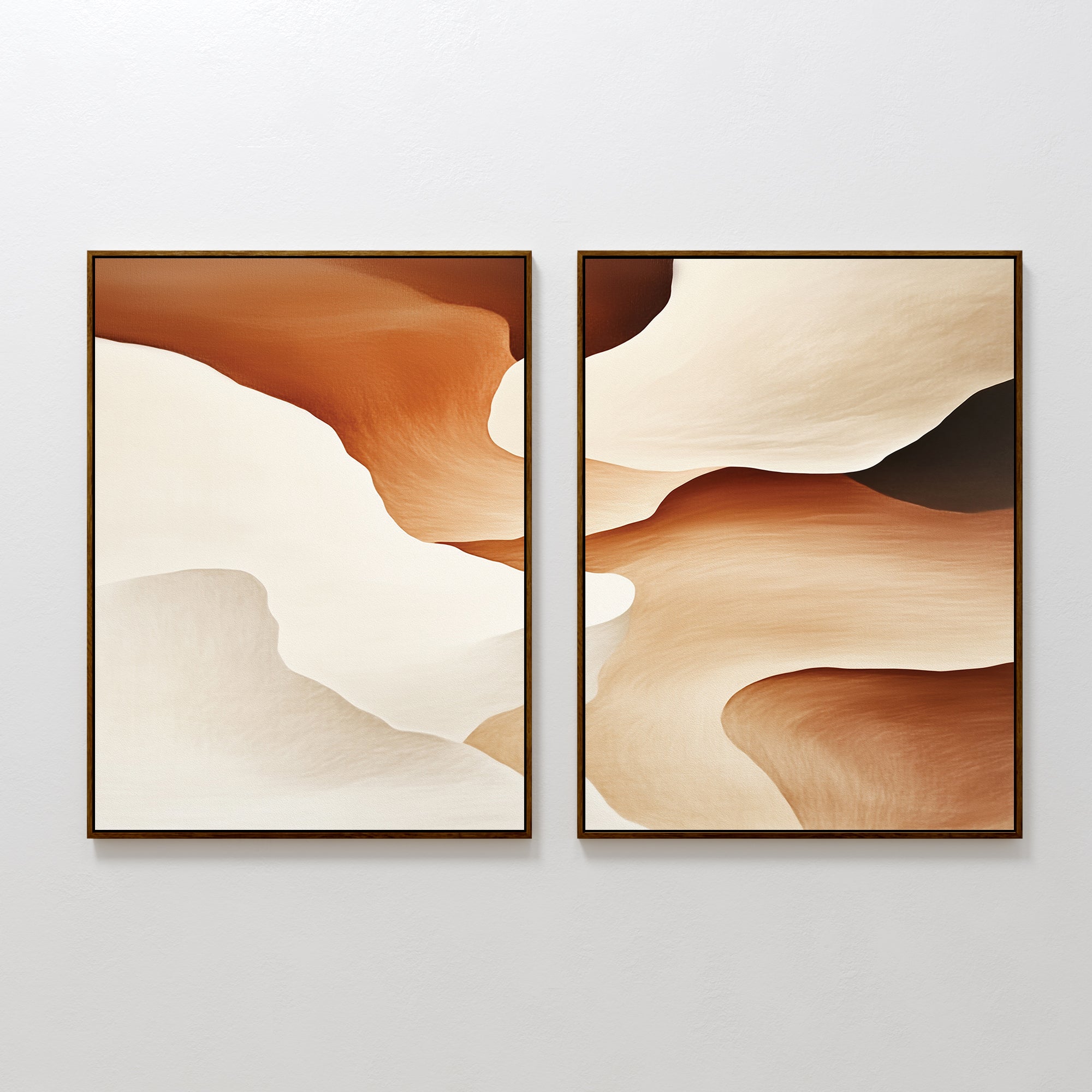 The Canyon Curves - Set Of 2 features framed abstract art with flowing, layered shapes in warm brown, beige, and cream tones—ideal contemporary wall decor to enhance your modern living room.