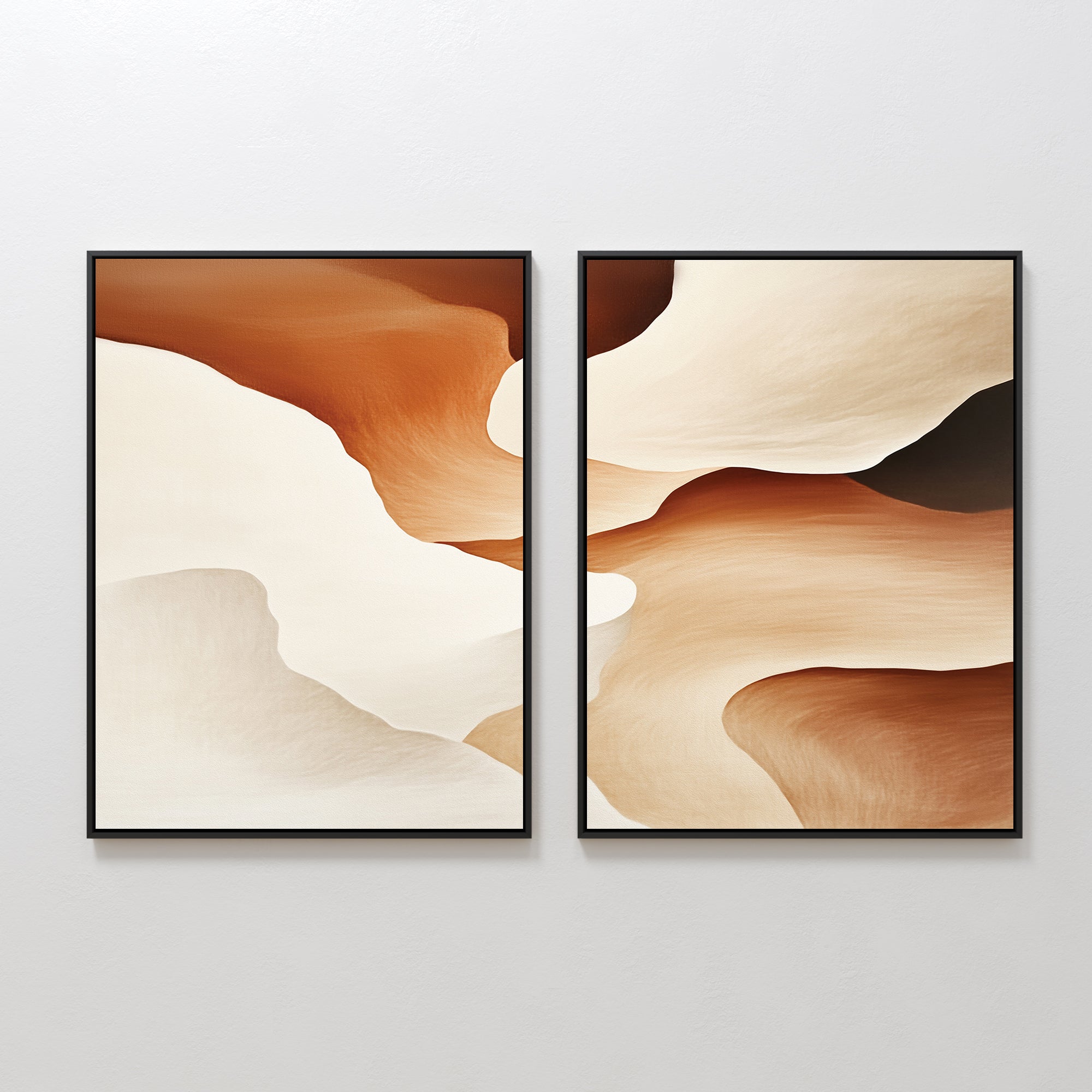Canyon Curves - Set Of 2 features abstract art prints in black frames with flowing, layered earth-tone shapes in beige, brown, and cream—ideal contemporary wall art for a modern living room.