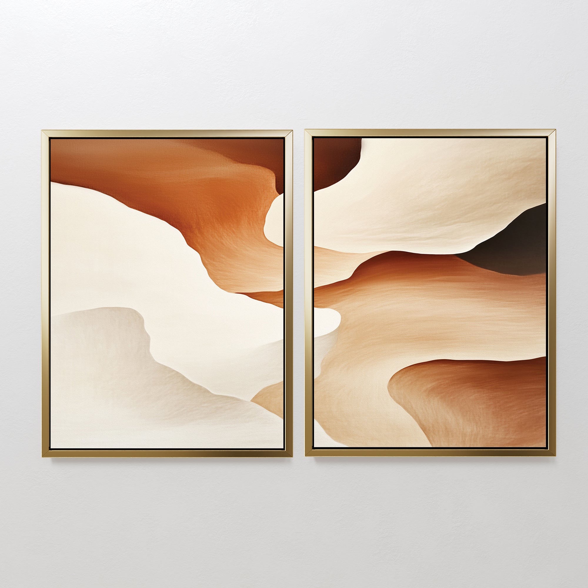 The Canyon Curves - Set Of 2 features layered abstract shapes in warm beige, cream, and brown, framed side by side—ideal contemporary wall art to enhance any modern living room with smooth colors inspired by soft sand dunes.