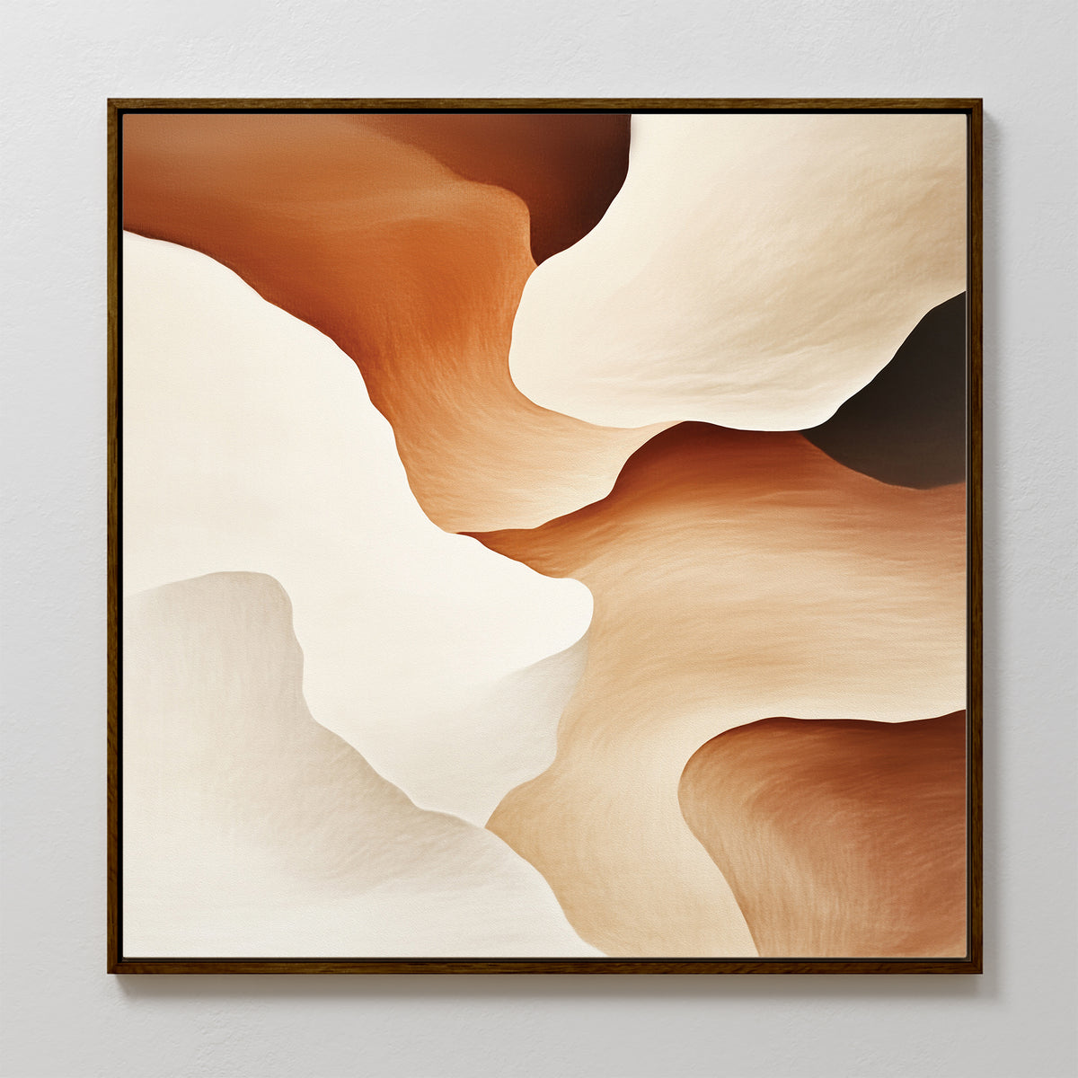 The "Canyon Curves Canvas Art - Square" features flowing, wavy shapes in warm earth tones of brown, beige, and cream on canvas, with soft organic forms. Presented as stylish contemporary wall art in a simple dark frame.