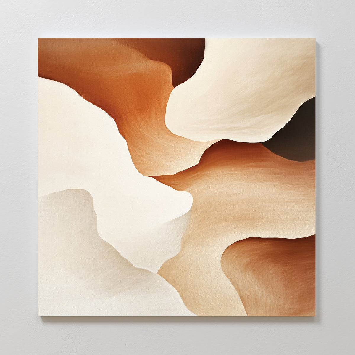 The Canyon Curves Canvas Art - Square showcases flowing, layered shapes in warm earth tones—beige, cream, tan, and brown—for a soft, organic texture that adds contemporary style to your wall art collection.