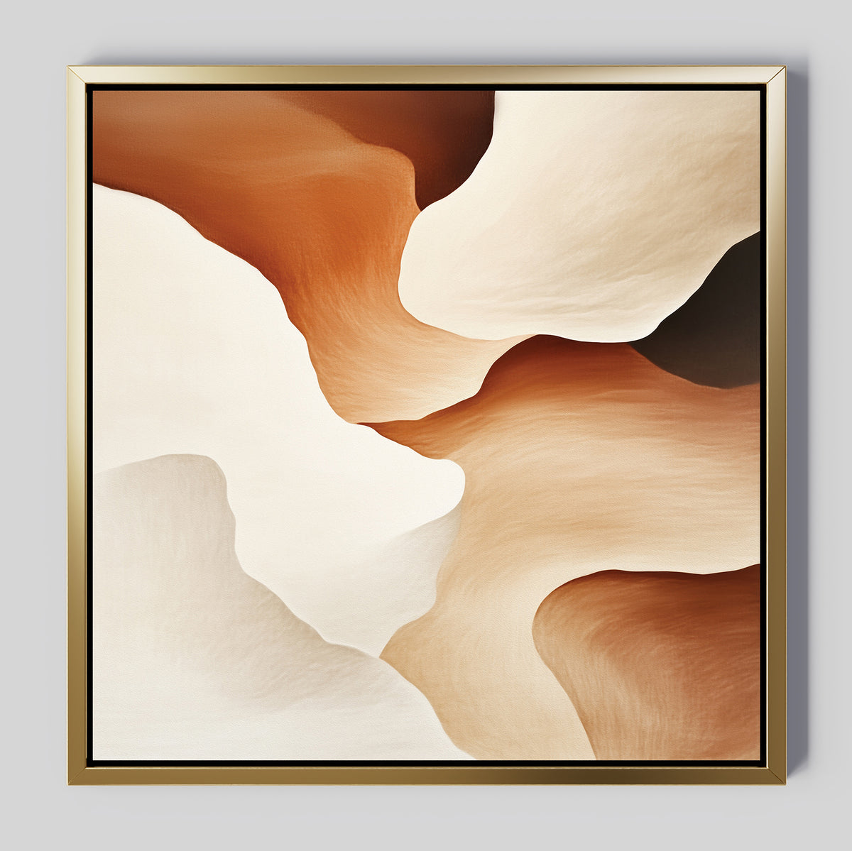 Canyon Curves Canvas Art - Square features abstract curved shapes in warm beige, cream, tan, and brown tones. Framed with a gold border and set against a light gray background, this contemporary piece is perfect wall art.