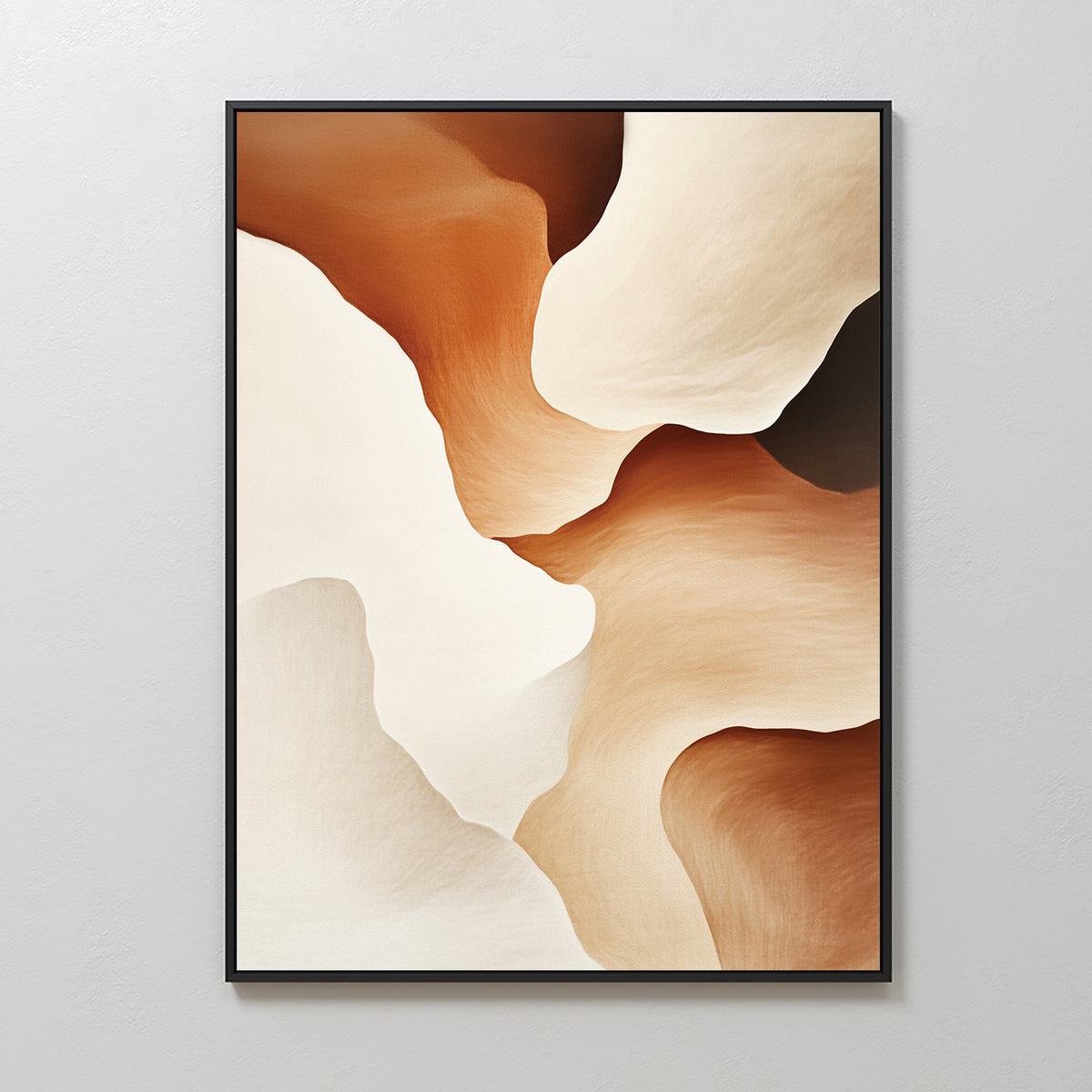 Canyon Curves Canvas Art - Vertical features flowing, layered shapes in warm beige, brown, and cream. Its soft, curved forms evoke canyon landscapes and add depth—an elegant, framed piece perfect for modern living room walls.