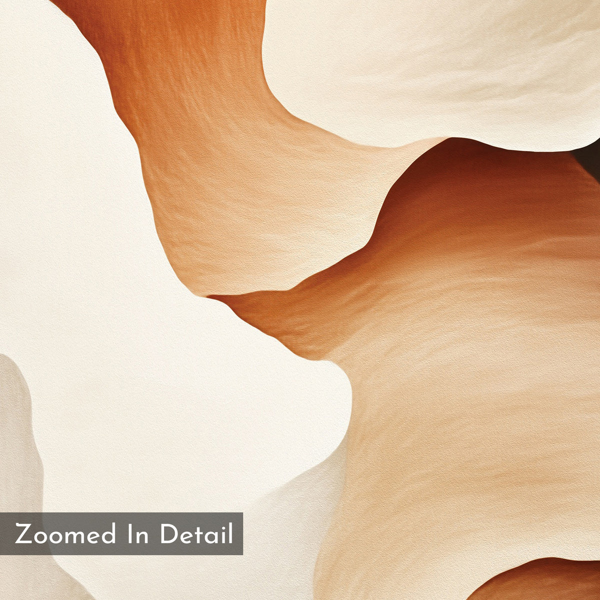 The Canyon Curves Canvas Art - Vertical features smooth, wavy layers in cream, beige, and brown tones, evoking canyon curves for a modern organic look. "Zoomed In Detail" is displayed in the bottom left; ideal wall art for contemporary living rooms.