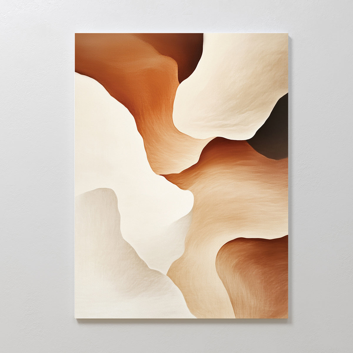 The Canyon Curves Canvas Art - Vertical features smooth, flowing shapes in cream, beige, tan, and brown, evoking canyon curves for a soft, organic look perfect for modern living rooms.