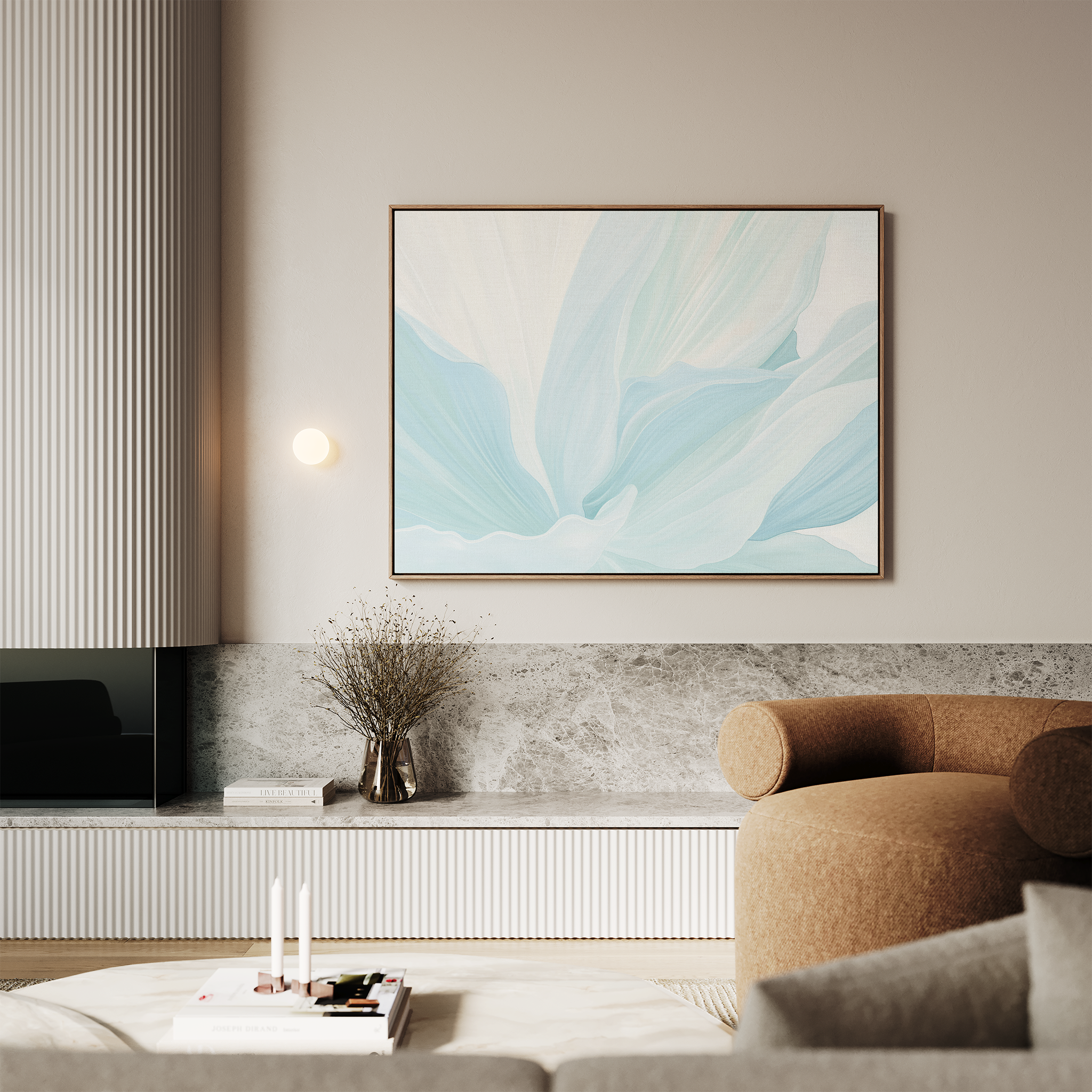 A modern living room featuring a beige sofa, marble shelf, minimalist decor, and the Icy Petals Abstract Canvas Art in soft blue and white above a vase with dried branches brings an elegant touch to your decor.