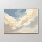 The Celestial Embrace Canvas Art - Horizontal features soft, fluffy clouds in white, cream, and gray against a blue sky, adding a serene Nordic Park vibe to any plain white wall. Framed for an elegant finish.