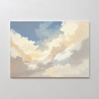 The Celestial Embrace Canvas Art - Horizontal features a sky with fluffy clouds in soft white, cream, and light blue tones, plus a patch of clear blue at the top center. Mounted on a light-colored wall, it adds serene beauty to any space.