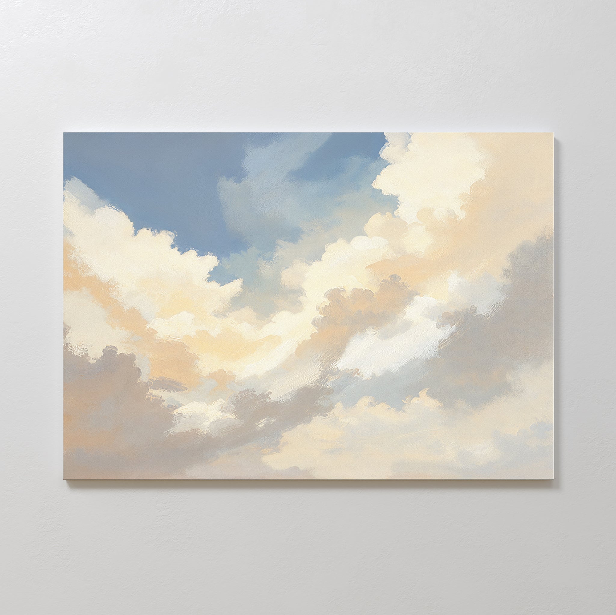 The Celestial Embrace Canvas Art - Horizontal features a sky with fluffy clouds in soft white, cream, and light blue tones, plus a patch of clear blue at the top center. Mounted on a light-colored wall, it adds serene beauty to any space.