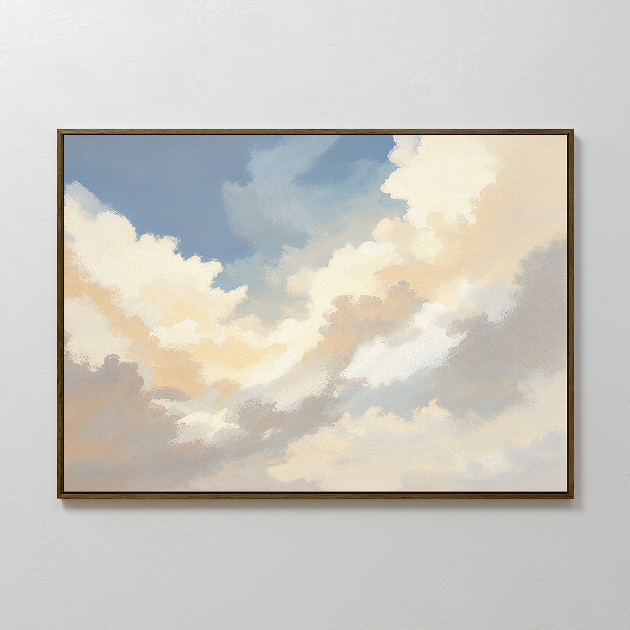 The Celestial Embrace Canvas Art - Horizontal features soft, fluffy clouds in white, cream, and light gray on a blue background—ideal cloud wall art for adding a Nordic Park vibe to any plain white wall.