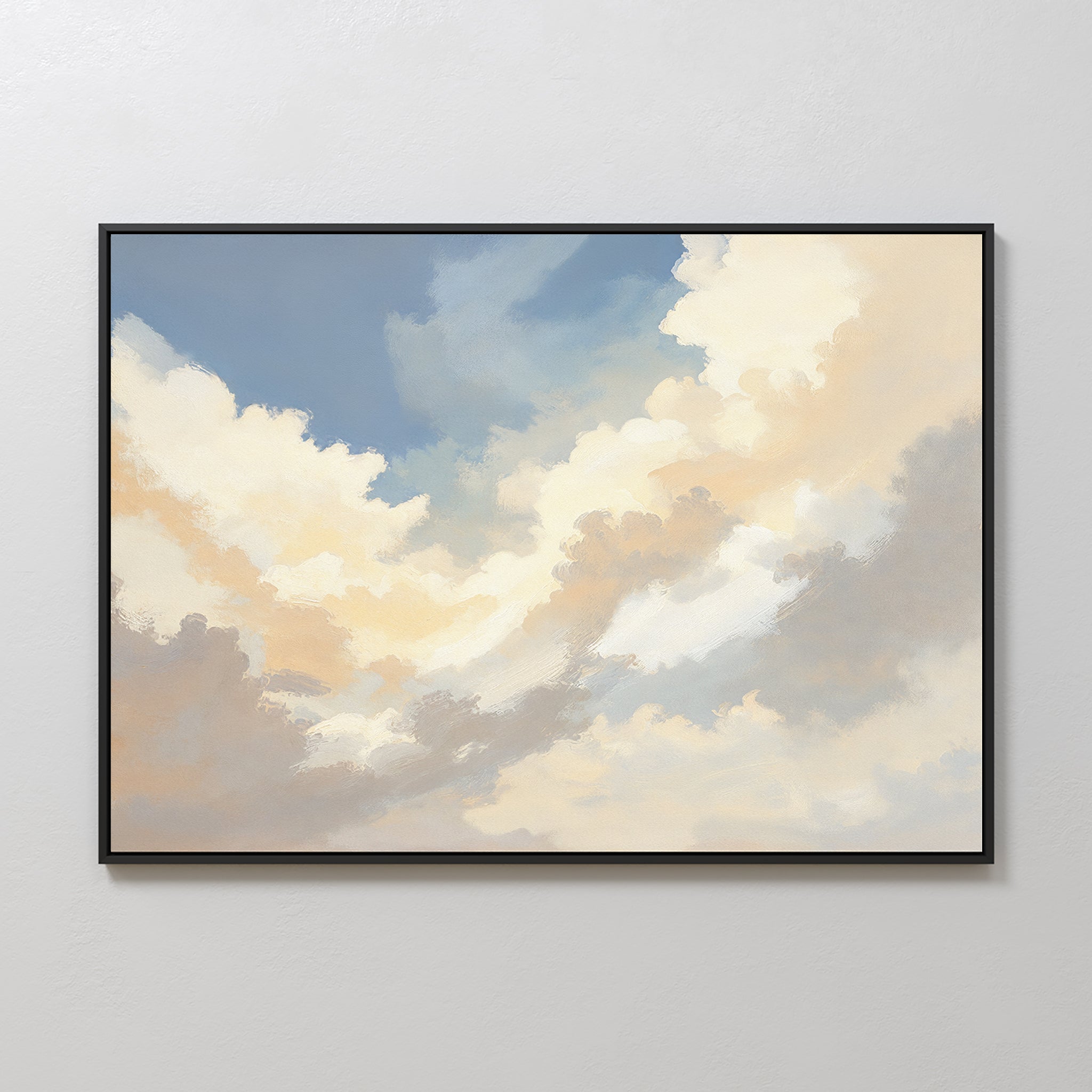The Celestial Embrace Canvas Art - Horizontal features soft whites, creams, and grays on blue, capturing a serene cloudy sky for a calming Nordic Park feel on any plain light-colored wall.