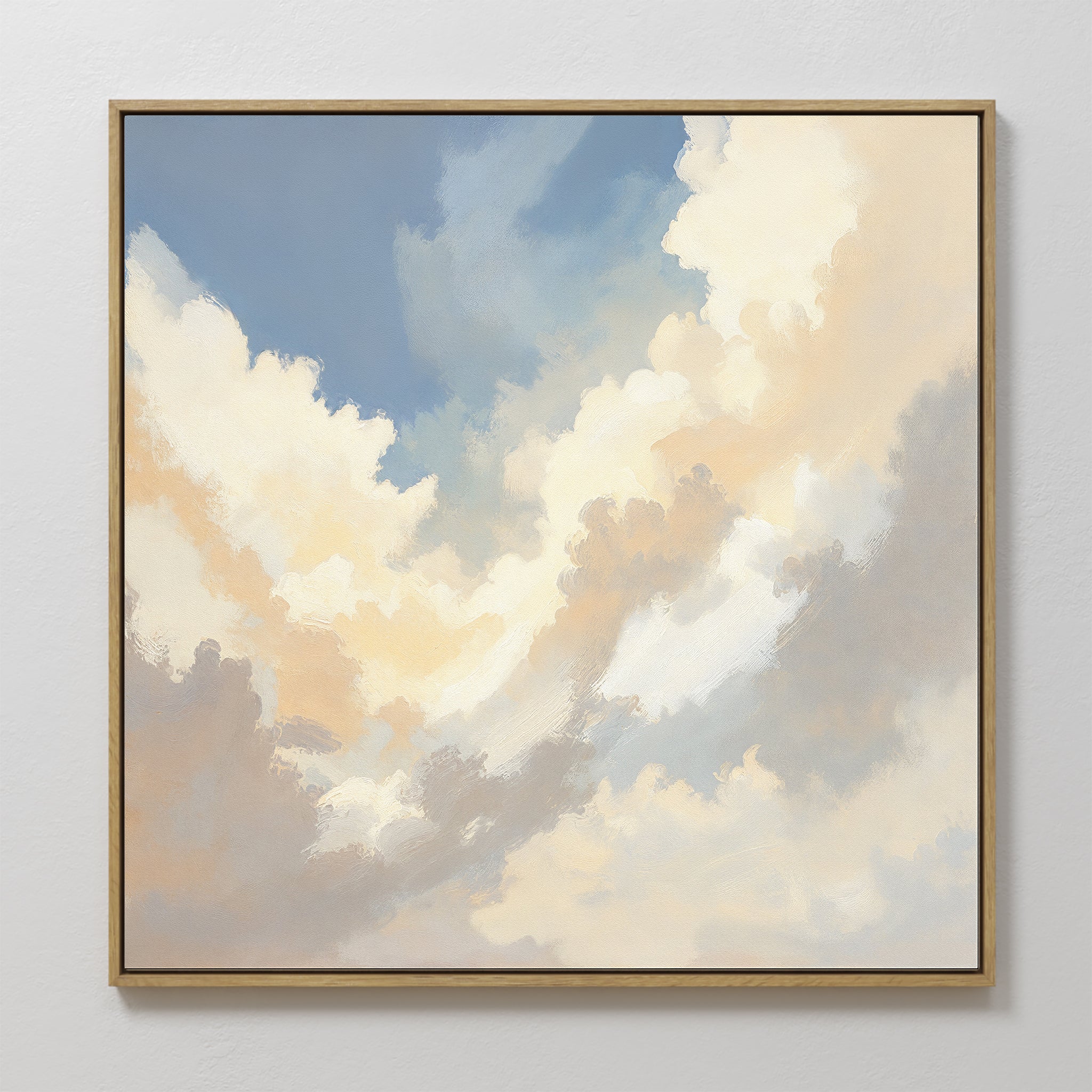 The Celestial Embrace Canvas Art - Square features soft, fluffy clouds in warm cream and beige against a blue sky, bringing a calm, uplifting touch to your space—ideal as serene celestial wall art for any home.