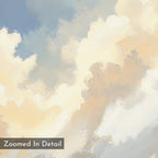 A close-up of the Celestial Embrace Canvas Art - Square shows soft, fluffy clouds in cream, beige, and pale blue with textured brushstrokes. A "Zoomed In Detail" label highlights its serene style—ideal for tranquil home decor.