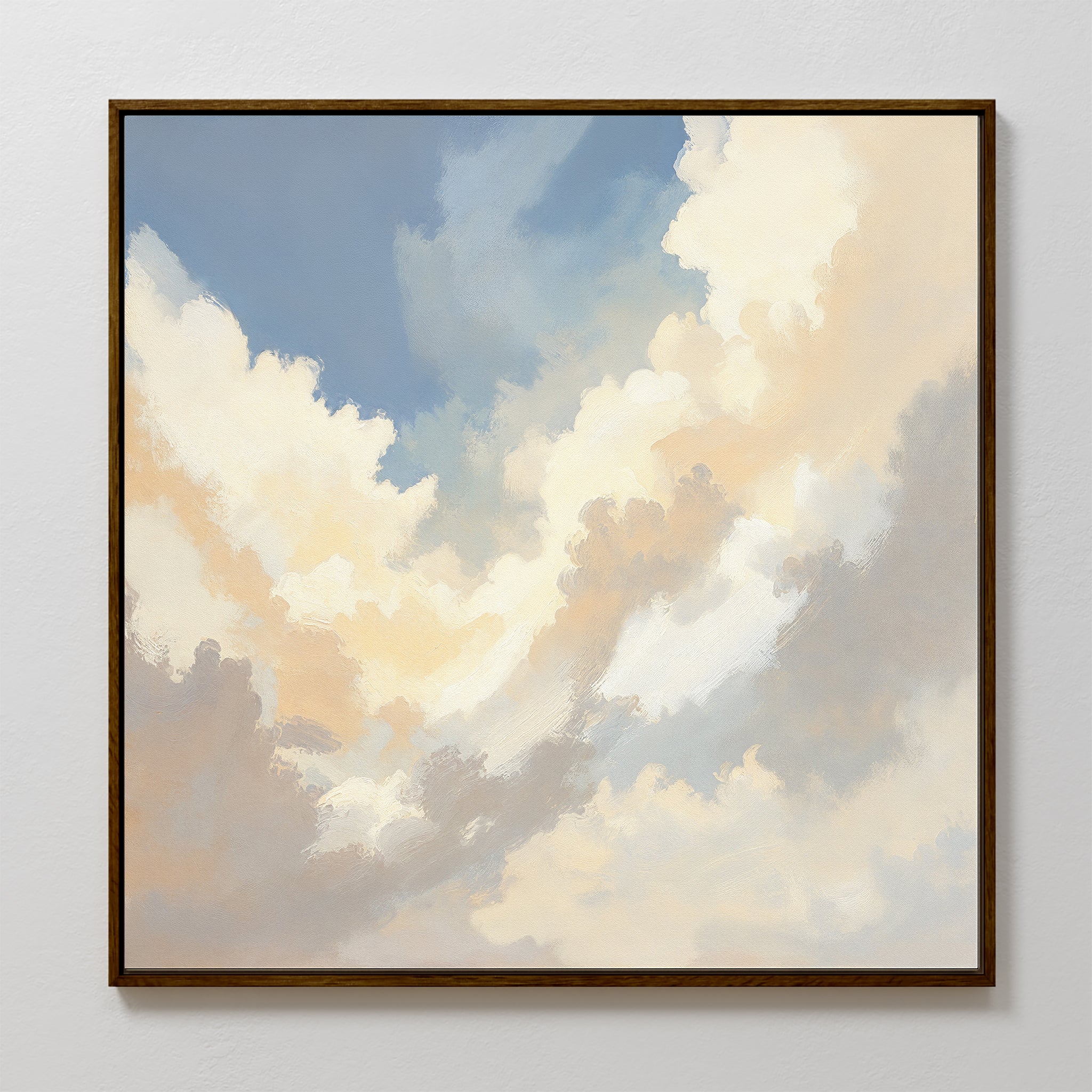 The Celestial Embrace Canvas Art - Square features soft white, cream, and gray clouds against a calm blue sky on a plain white wall, perfect for adding serene style to your home decor.