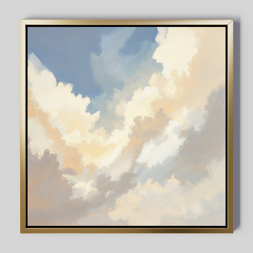 Celestial Embrace Canvas Art - Square features a partly cloudy sky with soft white and cream clouds on blue. The gold frame with black inner border makes it perfect celestial wall art for serene home decor.