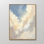 Celestial Embrace Canvas Art - Vertical features soft white, cream, and light gray clouds on a blue background, adding serene Nordic Park style to any plain white wall. Perfect for tranquil, elegant decor.