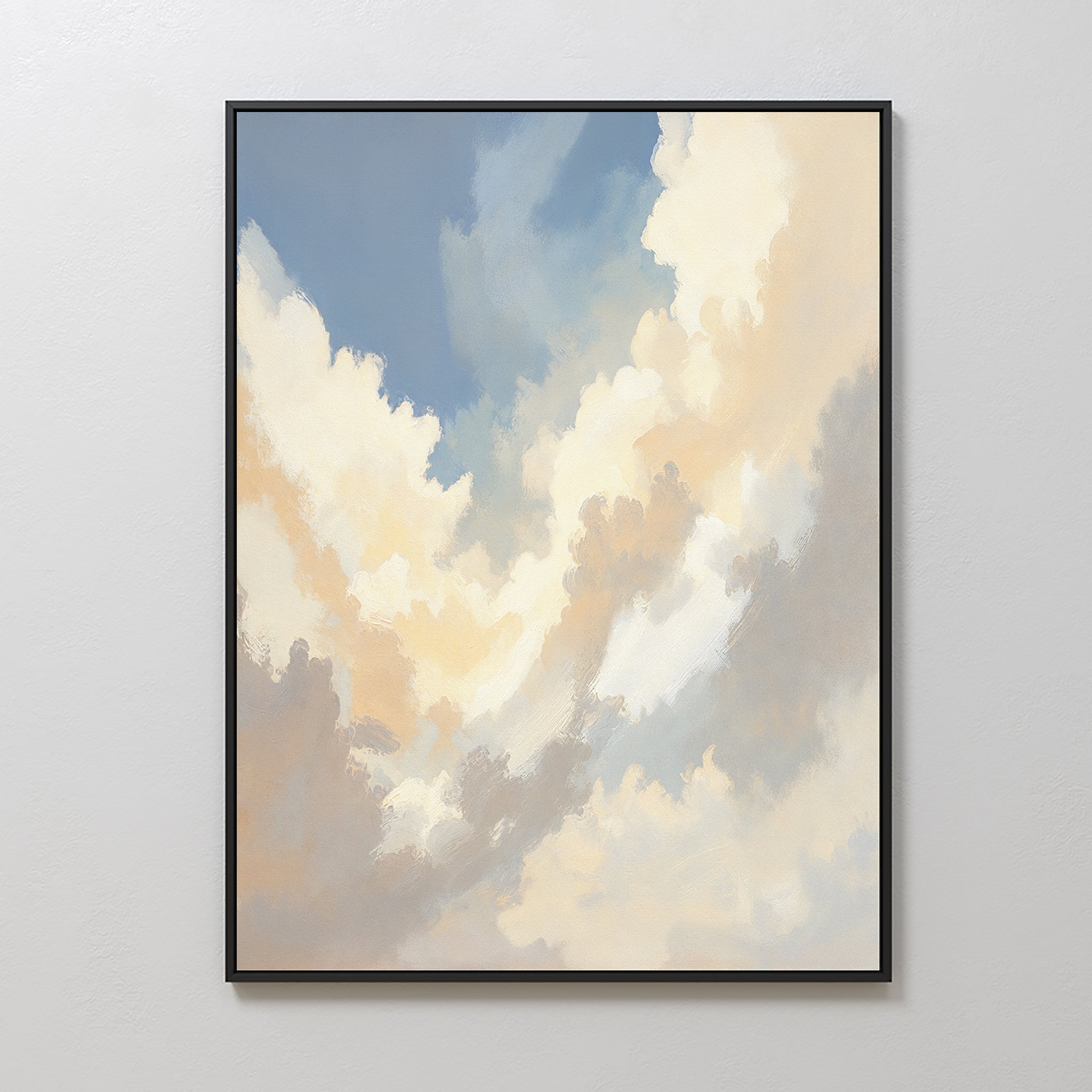 The Celestial Embrace Canvas Art - Vertical features soft cream, white, and light peach clouds against a blue sky, adding serene elegance to your space when displayed on a plain white wall.
