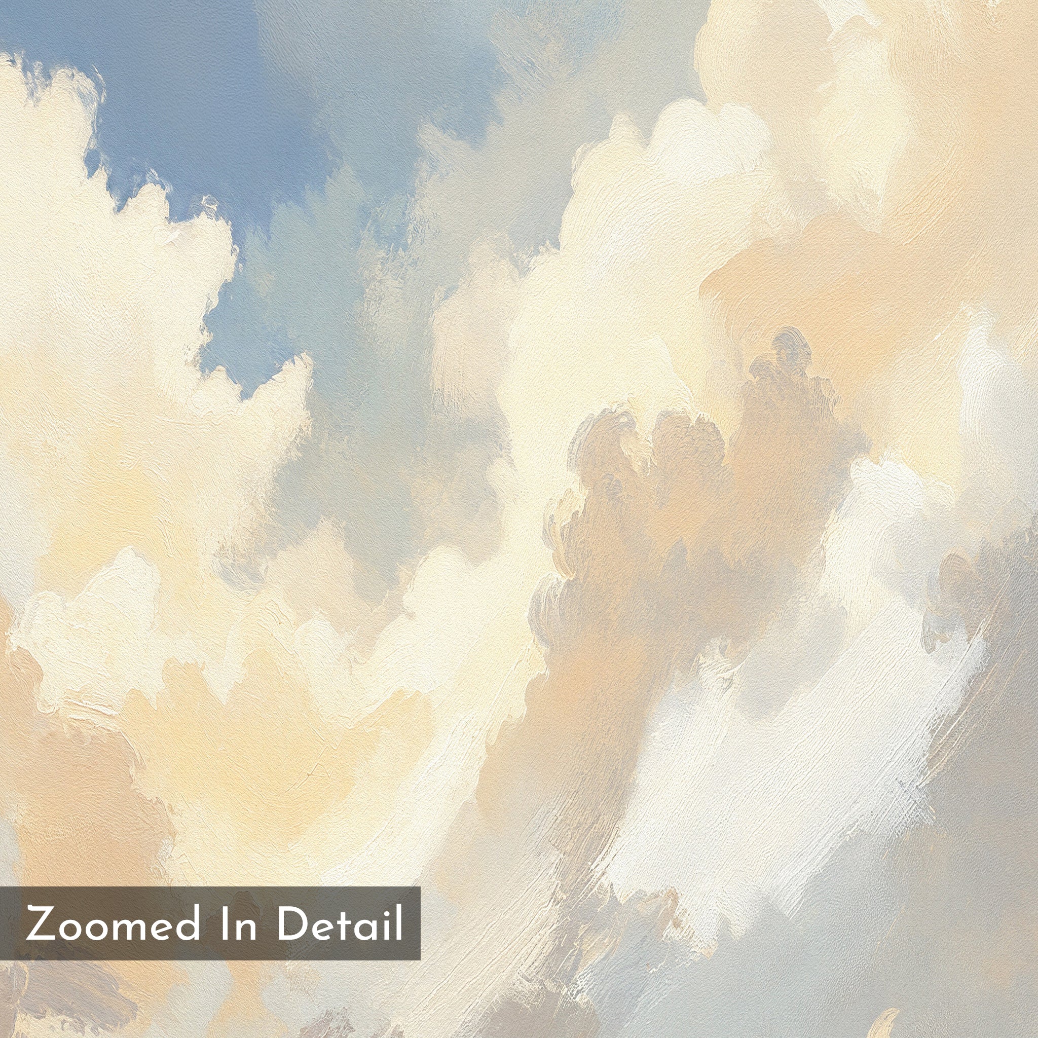 A close-up of the Celestial Embrace Canvas Art - Vertical highlights soft clouds in cream, white, and tan on a pale blue sky. Visible brushstrokes add dreamy texture—perfect serene wall art for any space, labeled "Zoomed In Detail.
