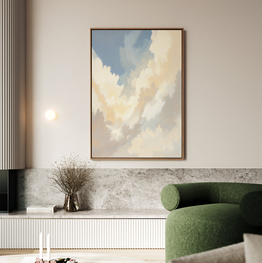 A modern living room features a green curved sofa, a marble-topped bench, and serene wall art—Celestial Embrace Canvas Art (vertical)—above a minimalist vase with dried branches. Soft lighting evokes the calm of Nordic Park.