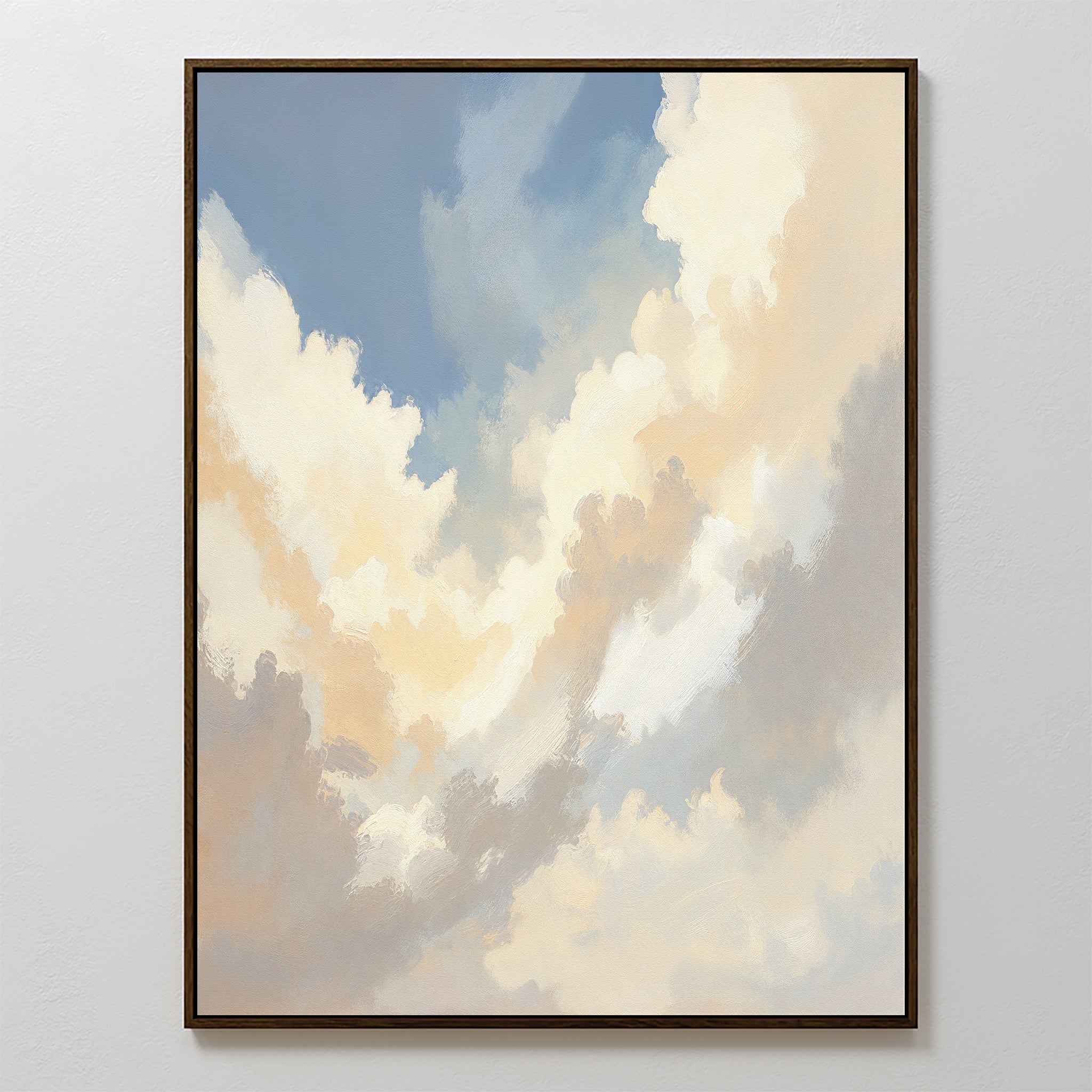 The Celestial Embrace Canvas Art - Vertical features a serene blue sky with fluffy white and light orange clouds, creating tranquil wall art that brings a soft, calming atmosphere to any space.