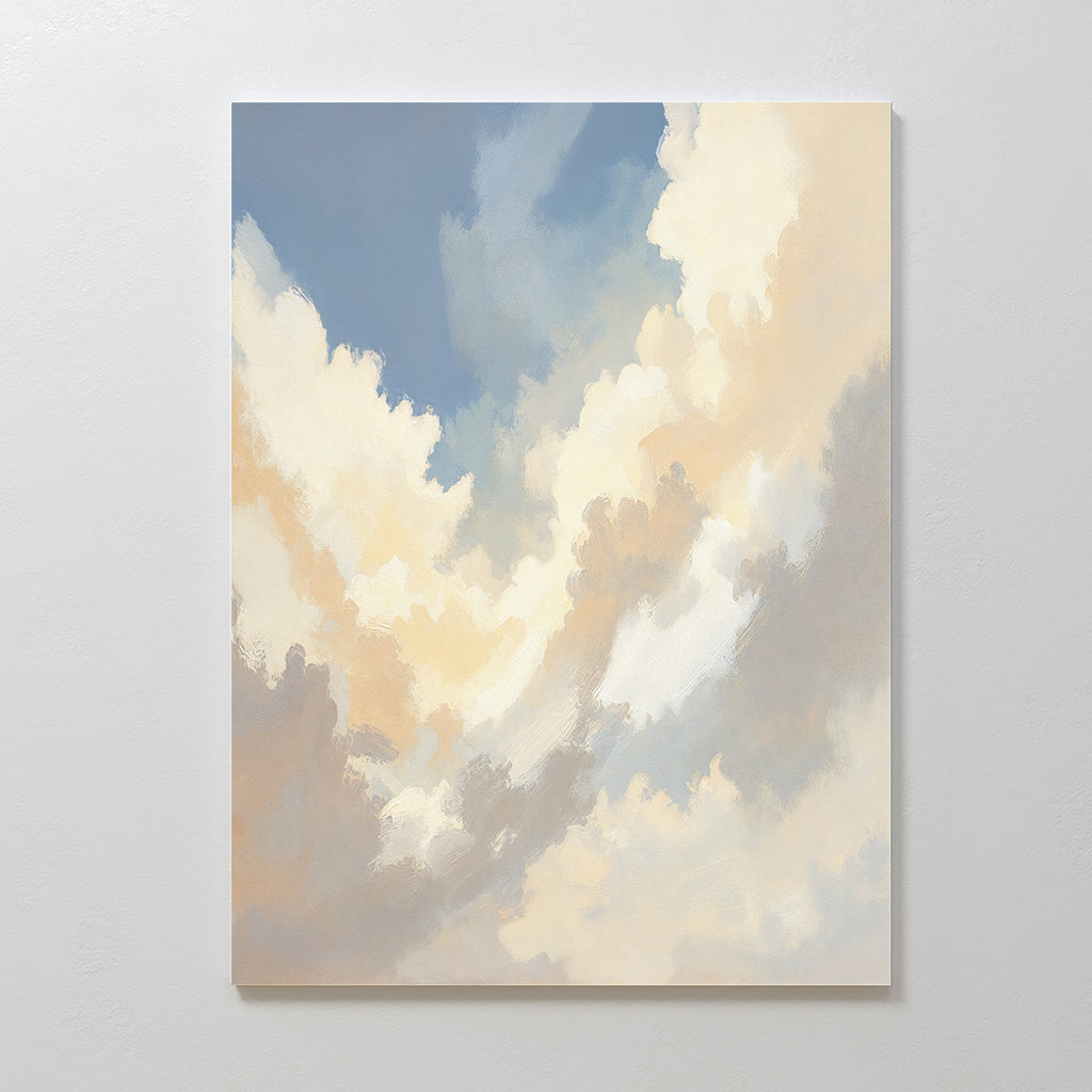 Elevate your space with the Celestial Embrace Canvas Art - Vertical, featuring fluffy white, cream, and light orange clouds on a soft blue background for serene Nordic Park vibes as elegant wall art.