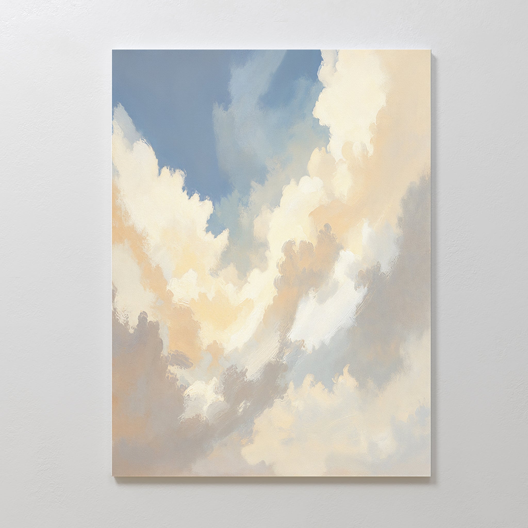 Elevate your space with the Celestial Embrace Canvas Art - Vertical, featuring fluffy white, cream, and light orange clouds on a soft blue background for serene Nordic Park vibes as elegant wall art.