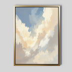 The Celestial Embrace Canvas Art - Vertical features soft, billowy clouds in white, cream, and gray on blue, framed in gold for serene Nordic Park-inspired decor.