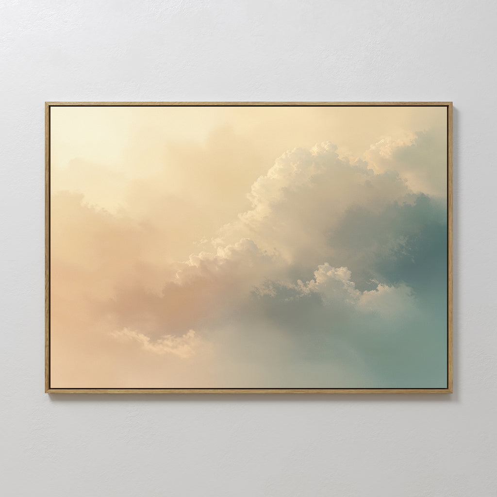 The Celestial Veil Canvas Art - Horizontal features dreamy cream, peach, and pale blue clouds against a light sky, illuminated by champagne light. This serene wall art creates a calm atmosphere on any plain white wall.