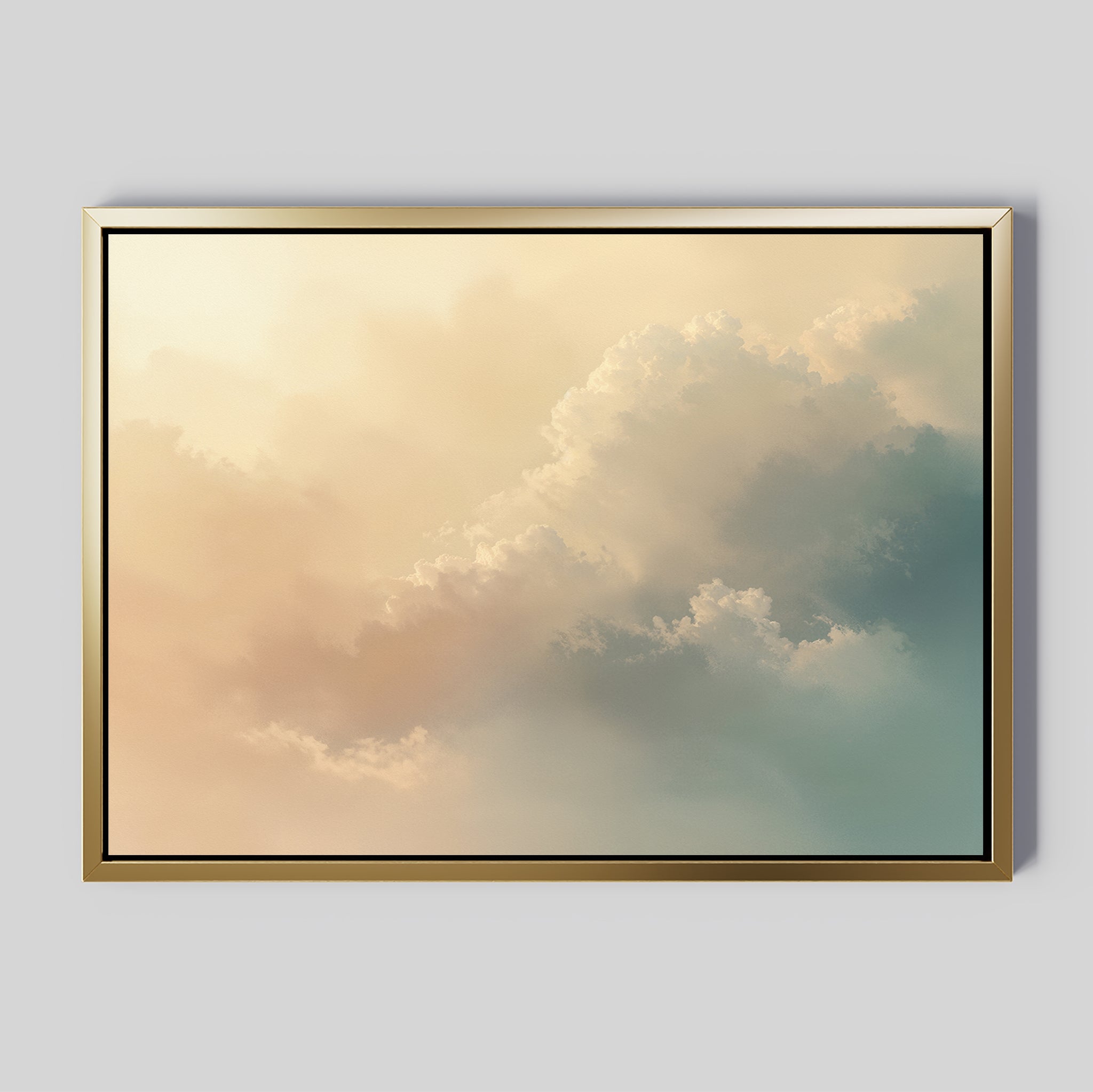 The Celestial Veil Canvas Art - Horizontal features pastel clouds in cream, peach, and blue on a light sky. Set in a gold frame with a black inner border, it evokes Nordic Park’s serenity against a plain gray background.