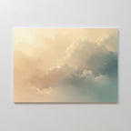 The "Celestial Veil Canvas Art - Horizontal" features soft pastel clouds in cream, peach, and pale blue with champagne highlights, creating a tranquil Nordic Park mood when displayed on a light-colored wall.