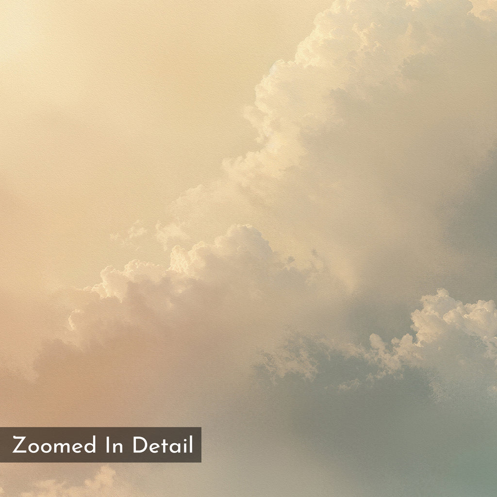 A close-up of soft, fluffy clouds in champagne-hued light with cream, beige, and gray tones sets a soothing mood. "Zoomed In Detail" is displayed in the lower left—perfect for Celestial Veil Canvas Art - Horizontal.