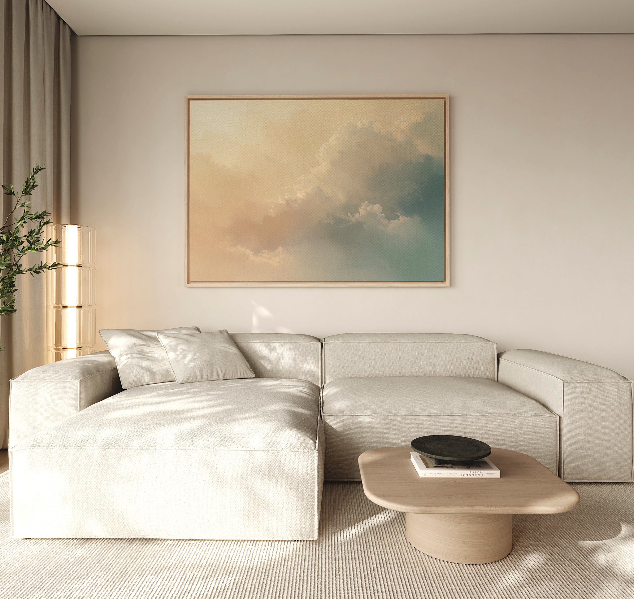 A modern living room with a light beige sectional sofa, a wooden coffee table with a black bowl, a tall plant, and the Celestial Veil Canvas Art - Horizontal displayed above the couch.