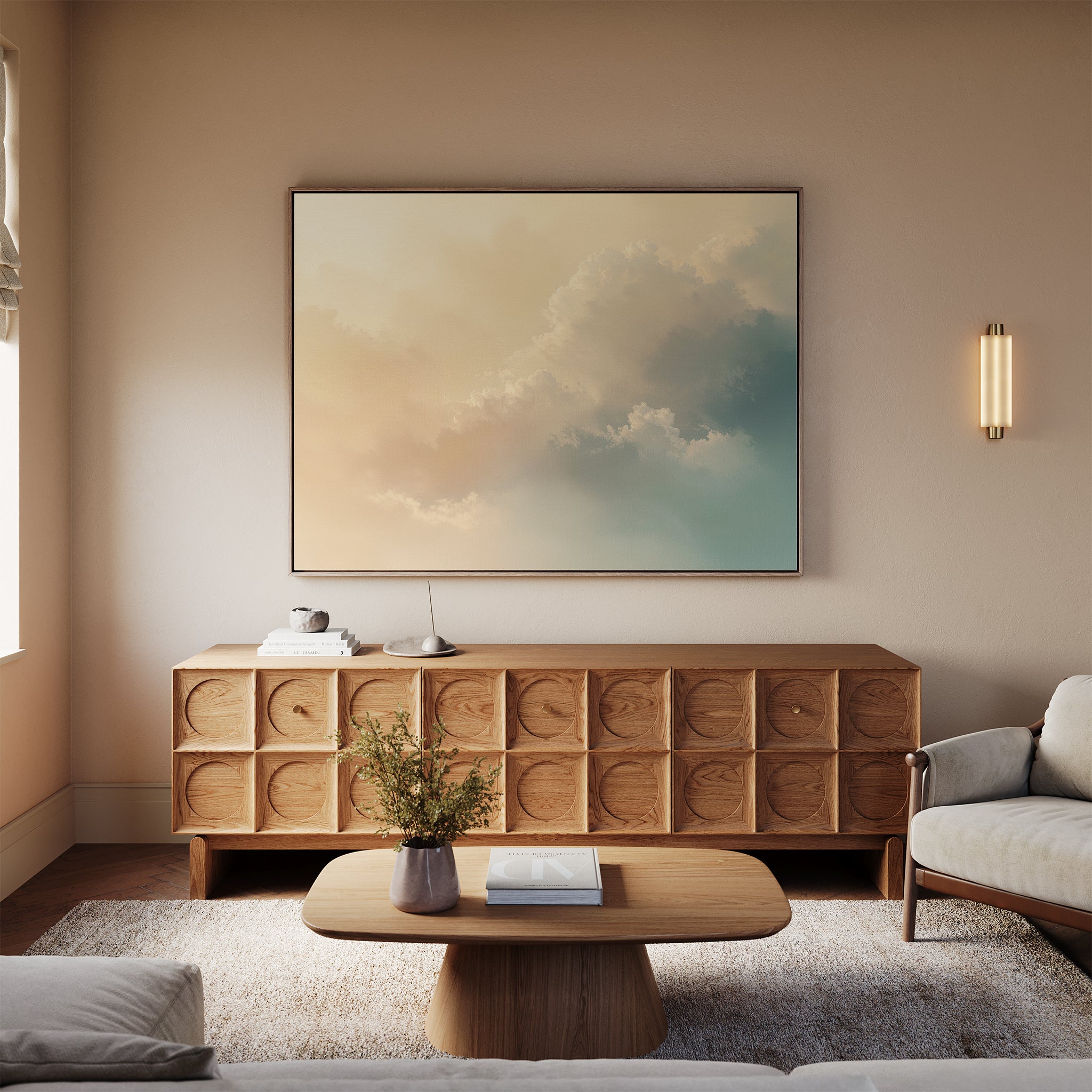 A minimal living room features a light wood coffee table, geometric wooden sideboard, and the Celestial Veil Canvas Art - Horizontal. Champagne light and neutral tones enhance the calm atmosphere with simple décor.