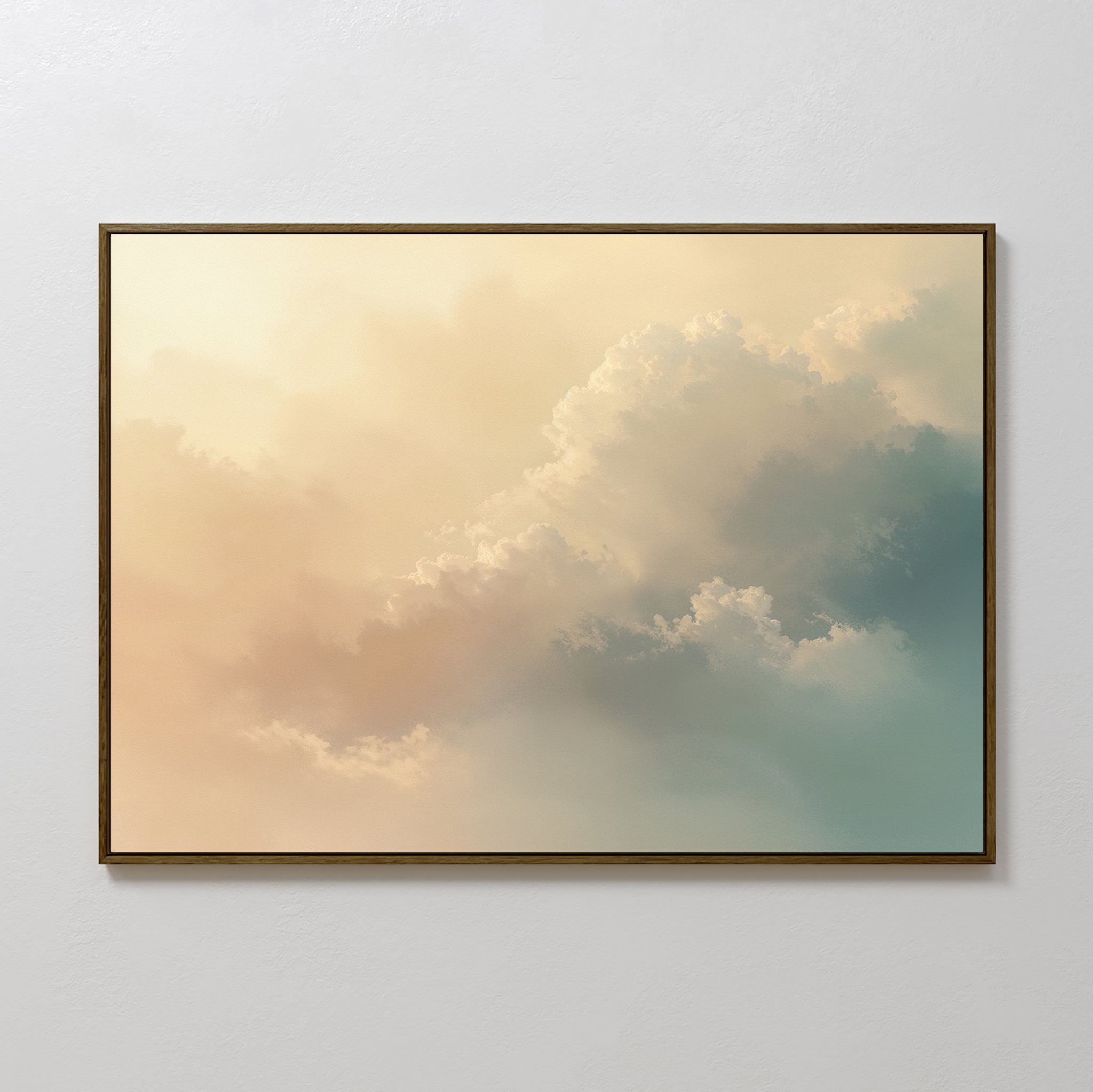 The Celestial Veil Canvas Art - Horizontal features soft, pastel-colored clouds in champagne light—cream, peach, and light blue—on a white wall, bringing the calm elegance of a Nordic park to your space.