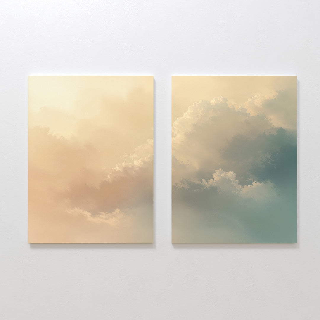 The "Celestial Veil - Set of 2" features minimalist canvas prints with soft, dreamy clouds in pastel beige, cream, blue, and gold tones—illuminated by champagne light—for a calm, serene Nordic Park-inspired ambiance.