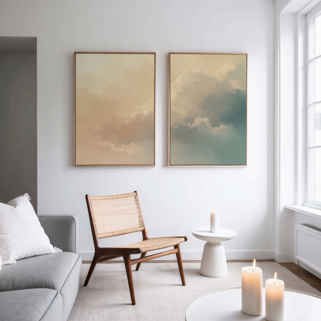 A modern, minimalist living room with a light gray sofa, woven chair, small round side table holding a candle, and two Celestial Veil - Set of 2 canvas prints on the wall, illuminated by champagne light from a large window.
