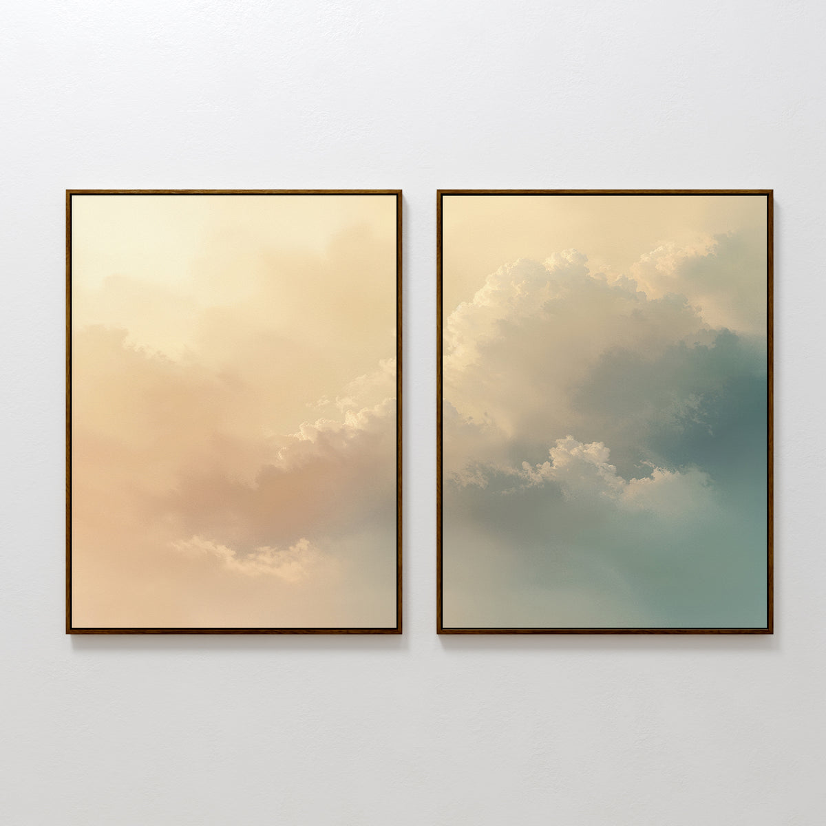 The "Celestial Veil - Set of 2" features framed canvas prints with soft pastel cloudscapes. One glows in warm beige and peach, while the other blends beige and blue under gentle champagne light, evoking a Nordic Park ambiance on a white wall.