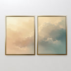 The "Celestial Veil - Set of 2" features two framed canvas prints on a white wall: one with soft, champagne and golden pastel clouds, the other with cool blue hues evoking a Nordic Park.