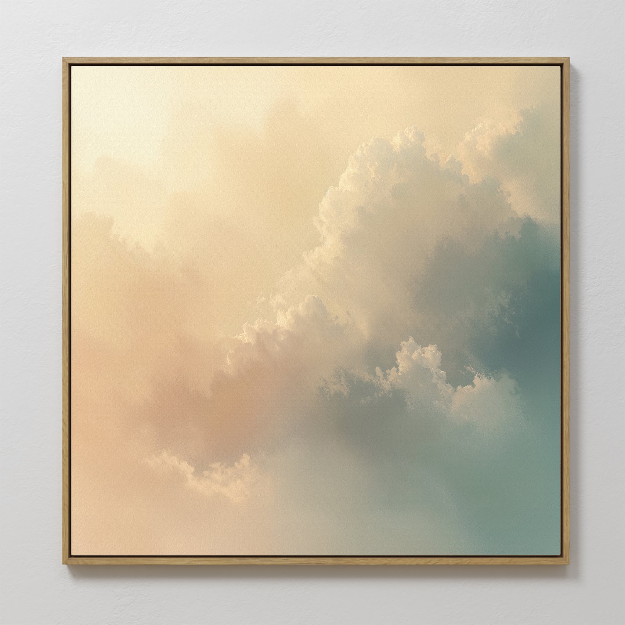 The Celestial Veil Canvas Art - Square, featuring pastel peach, cream, and blue clouds, hangs on a white wall. This framed print creates a dreamy, serene mood reminiscent of champagne light at dusk.