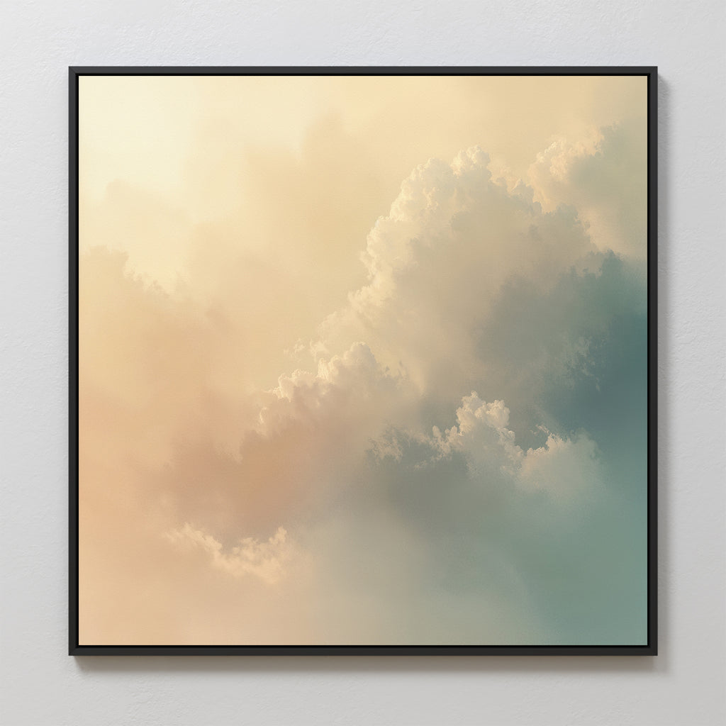 The Celestial Veil Canvas Art - Square features soft, fluffy clouds in cream, peach, and blue hues under champagne light on a pale background, elegantly framed and displayed on a plain white wall.