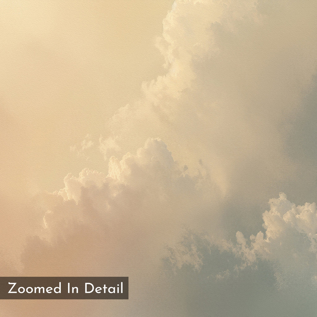 Soft, fluffy clouds in pastel cream and light blue fill the sky, bathed in gentle champagne light. "Celestial Veil Canvas Art - Square" features a subtle canvas texture with Zoomed In Detail shown in a dark box at the lower left corner.