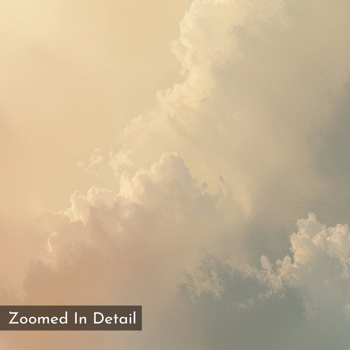 Soft, fluffy clouds in pastel cream and light blue fill the sky, bathed in gentle champagne light. "Celestial Veil Canvas Art - Square" features a subtle canvas texture with Zoomed In Detail shown in a dark box at the lower left corner.
