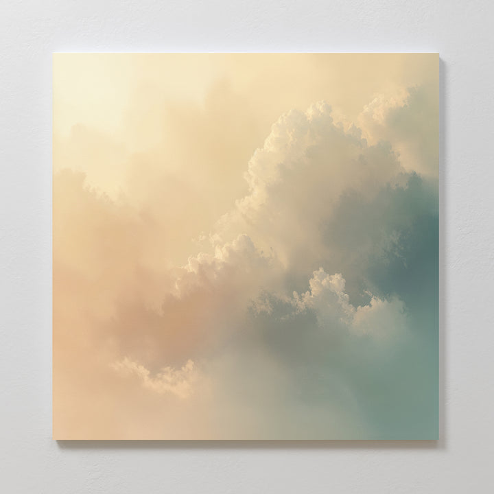The Celestial Veil Canvas Art - Square features soft clouds in pastel cream, peach, and light blue hues with champagne light, creating a dreamy Nordic-inspired scene—ideal for adding tranquility to any plain white wall.