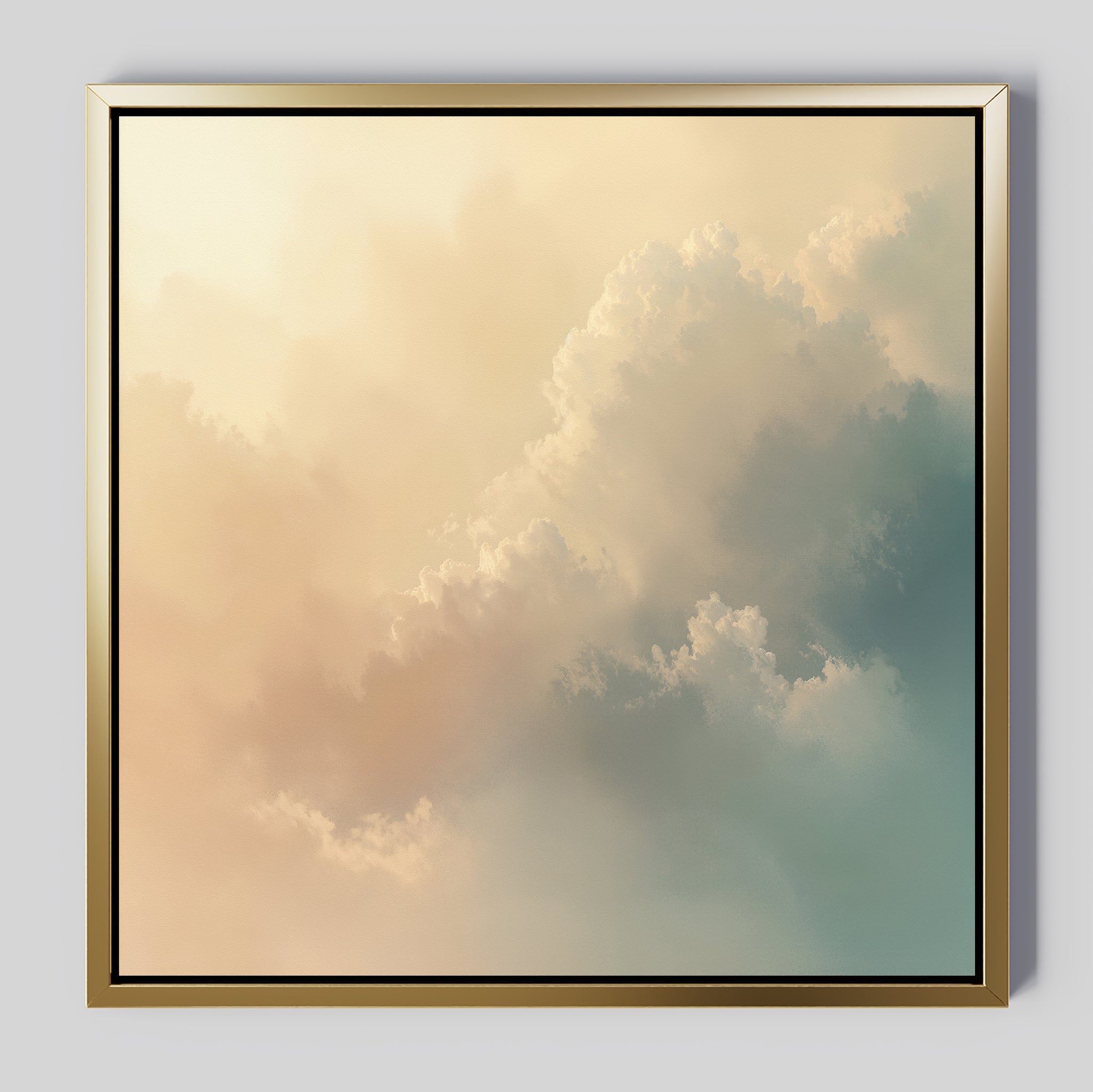 The Celestial Veil Canvas Art - Square features soft, pastel clouds in warm peach and cool blue tones on a champagne background, set in a golden frame to create a serene, dreamy atmosphere.