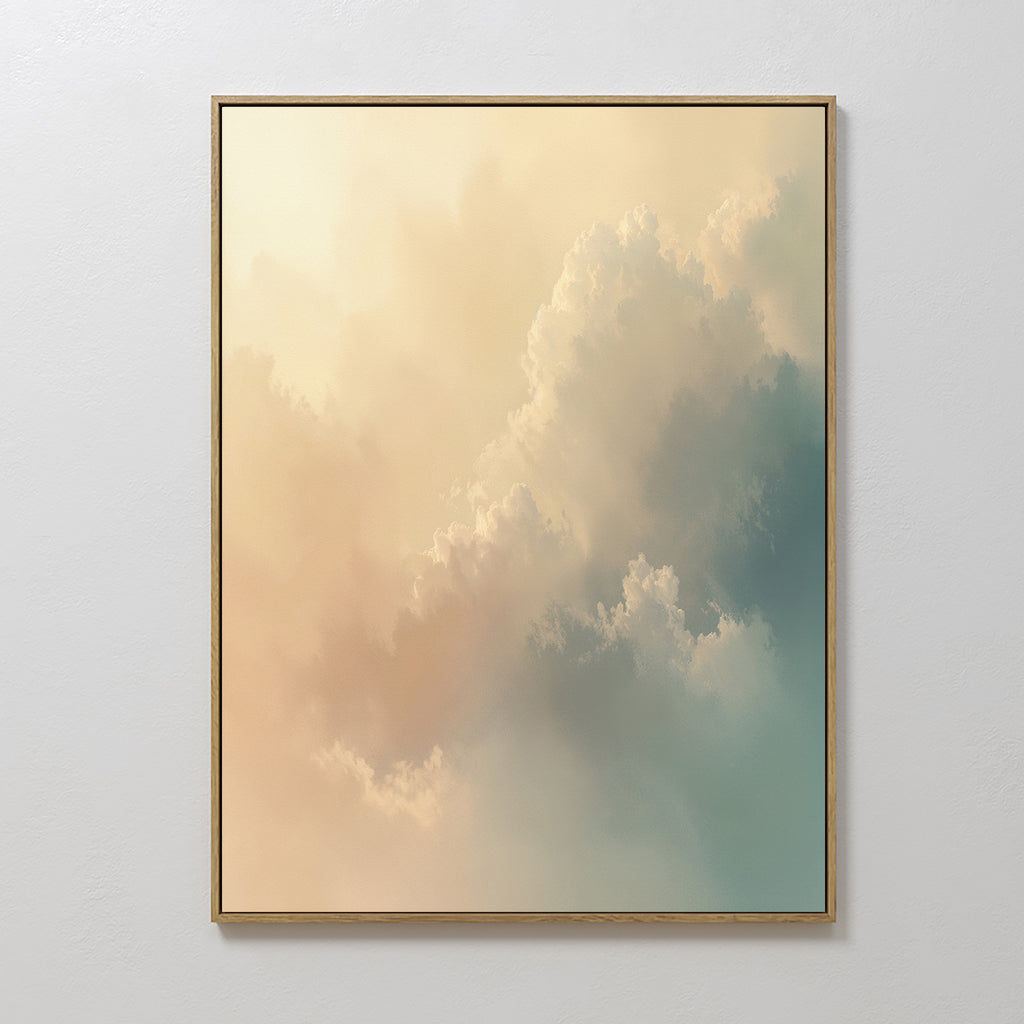 The Celestial Veil Canvas Art - Vertical features soft, pastel clouds in peach, cream, and light blue with a champagne glow, elegantly displayed on a plain white wall.